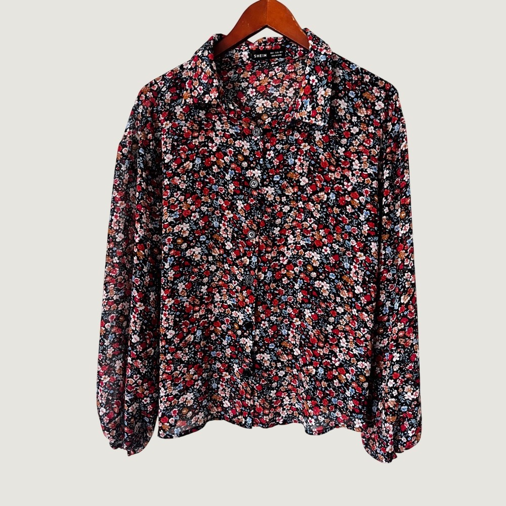 SHEIN Womens Black Ditsy Floral Sheer Button Down Blouse Long Sleeve Size S boho